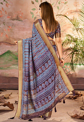 Digital Printed Art Silk Saree in Brown
