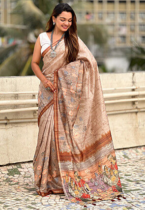 Digital Printed Art Silk Saree in Brown