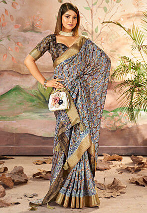 Digital Printed Art Silk Saree in Brown