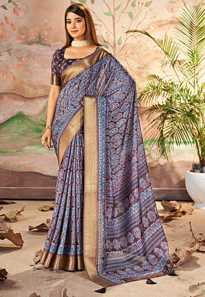 Digital Printed Art Silk Saree in Brown