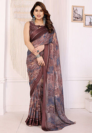 Digital Printed Art Silk Saree in Brown