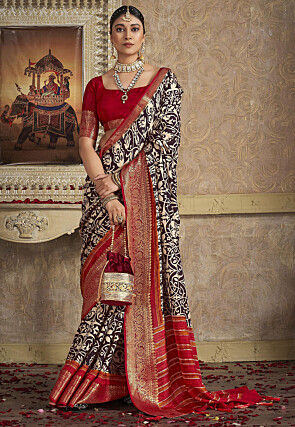Digital Printed Art Silk Saree in Brown