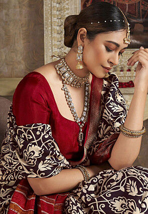 Digital Printed Art Silk Saree in Brown