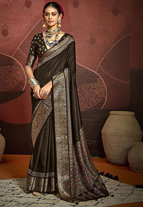 Digital Printed Art Silk Saree in Brown