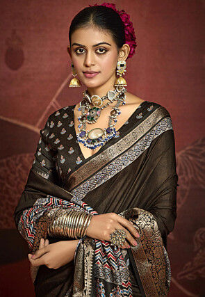 Digital Printed Art Silk Saree in Brown