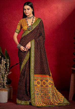 Digital Printed Art Silk Saree in Brown