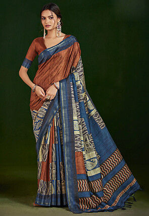 Digital Printed Art Silk Saree in Brown