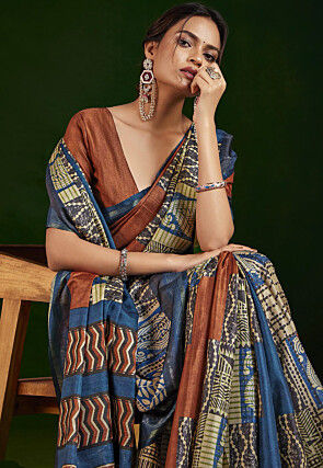 Digital Printed Art Silk Saree in Brown