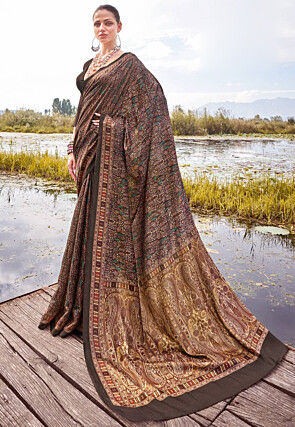 Digital Printed Art Silk Saree in Brown