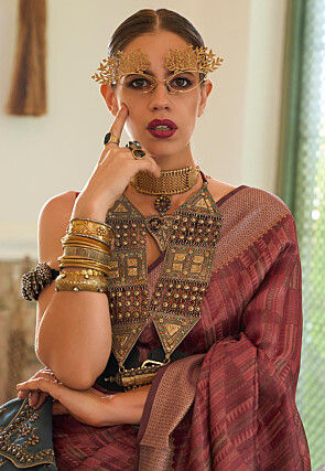 Digital Printed Art Silk Saree in Brown