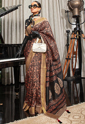 Digital Printed Art Silk Saree in Brown