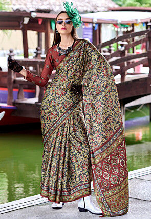 Digital Printed Art Silk Saree in Brown