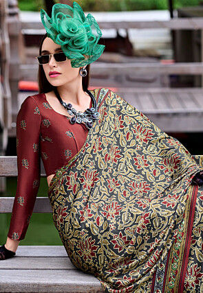 Digital Printed Art Silk Saree in Brown