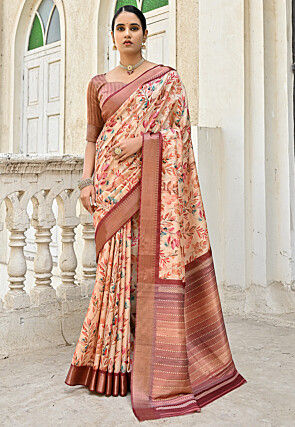 Digital Printed Art Silk Saree in Brown