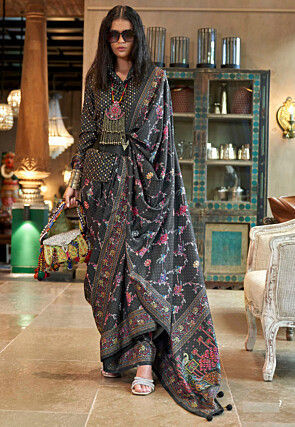 Digital Printed Art Silk Saree in Charcoal Black