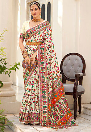 Digital Printed Art Silk Saree in Cream