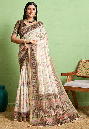 Digital Printed Art Silk Saree in Cream