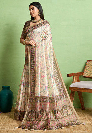 Digital Printed Art Silk Saree in Cream