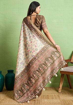 Digital Printed Art Silk Saree in Cream