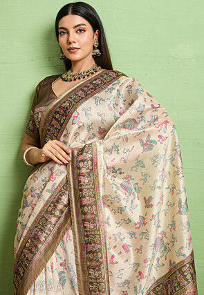 Digital Printed Art Silk Saree in Cream