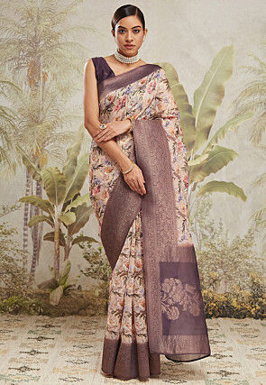 Digital Printed Art Silk Jacquard Saree in Cream