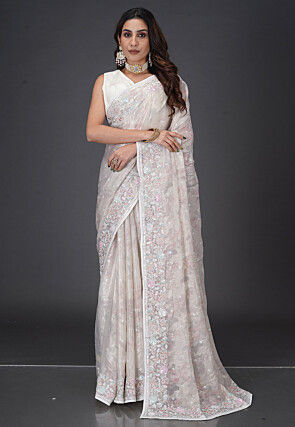 Digital Printed Art Silk Saree in Cream