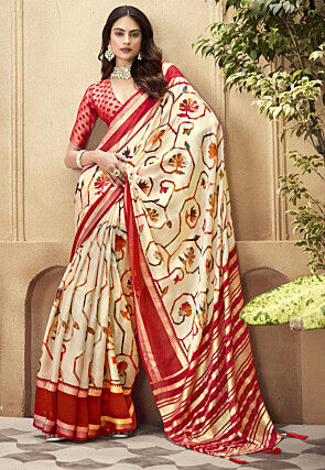 Digital Printed Art Silk Saree in Cream