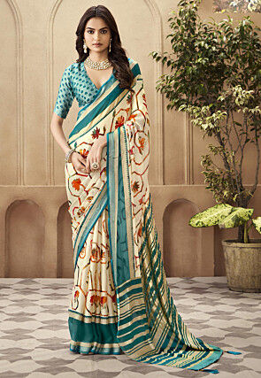 Digital Printed Art Silk Saree in Cream