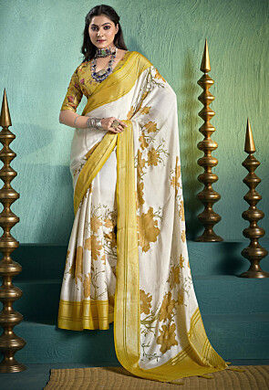 Digital Printed Art Silk Brasso Saree in Cream