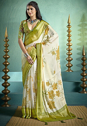 Digital Printed Art Silk Brasso Saree in Cream