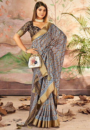 Digital Printed Art Silk Saree in Dark Brown and Blue