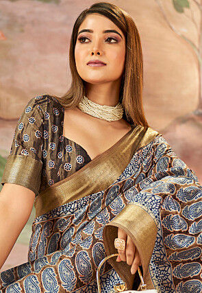 Digital Printed Art Silk Saree in Dark Brown and Blue