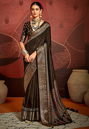 Digital Printed Art Silk Saree in Dark Brown