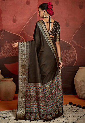 Digital Printed Art Silk Saree in Dark Brown
