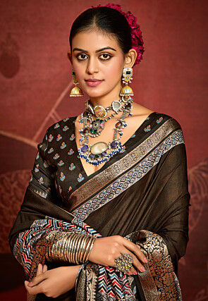 Digital Printed Art Silk Saree in Dark Brown