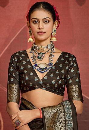 Digital Printed Art Silk Saree in Dark Brown