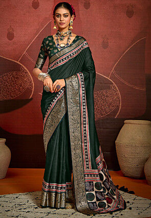 Digital Printed Art Silk Saree in Dark Green