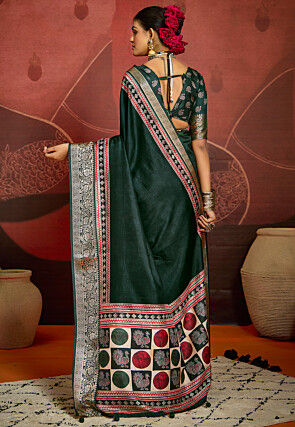Digital Printed Art Silk Saree in Dark Green