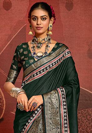 Digital Printed Art Silk Saree in Dark Green