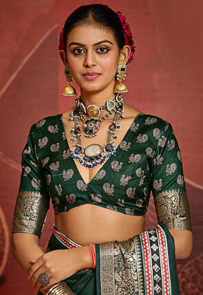 Digital Printed Art Silk Saree in Dark Green