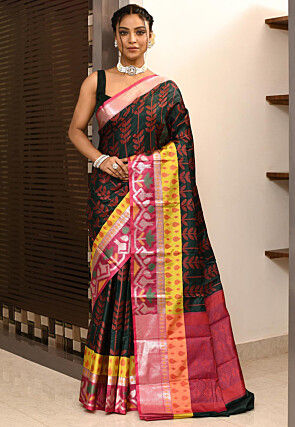 Digital Printed Art Silk Saree in Dark Green