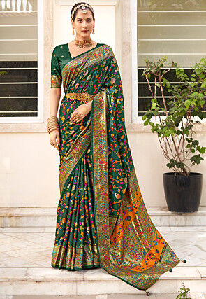 Digital Printed Art Silk Saree in Dark Green