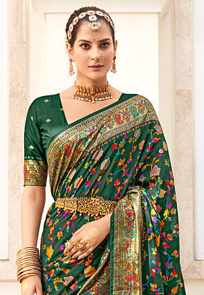 Digital Printed Art Silk Saree in Dark Green