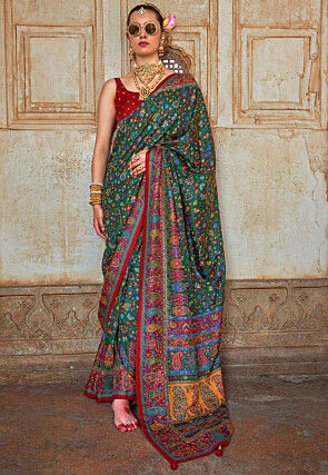 Digital Printed Art Silk Saree in Dark Green
