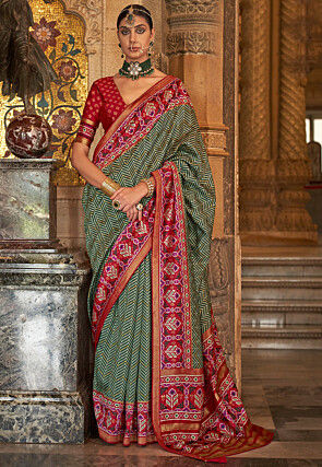 Digital Printed Art Silk Saree in Dark Green