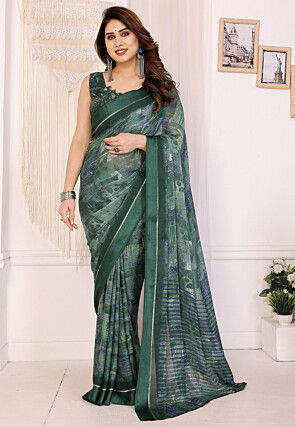 Digital Printed Art Silk Saree in Dark Green