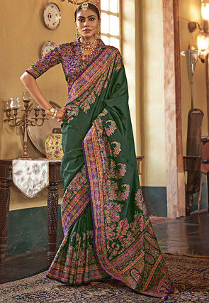 Digital Printed Art Silk Saree in Dark Green