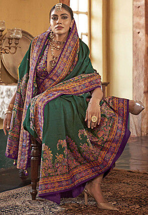 Digital Printed Art Silk Saree in Dark Green