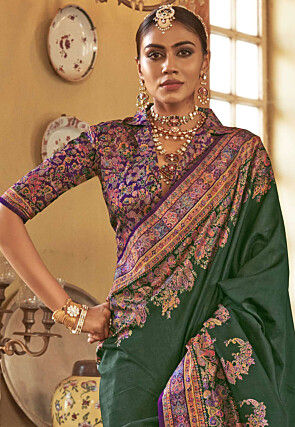 Digital Printed Art Silk Saree in Dark Green
