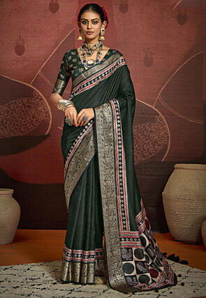 Digital Printed Art Silk Saree in Dark Green